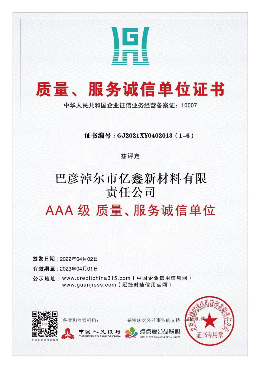 AAA级质量诚信单元